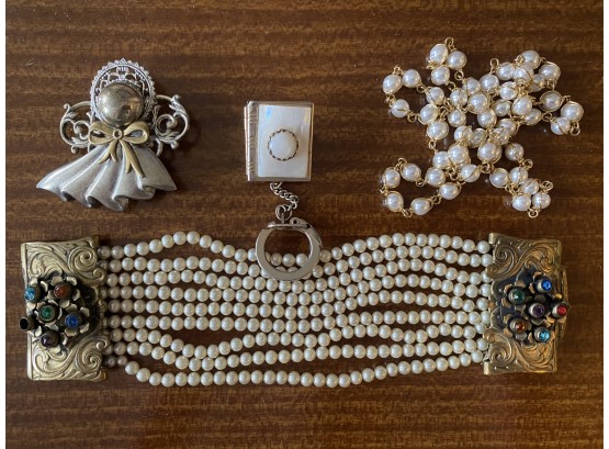 A Nice Grouping Of Costume Jewelry Including Fabulous Multi-strand Faux Pearl Bracelet With Rhinestones