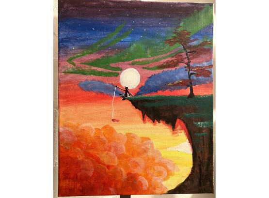 Colorful Painting Of Man Fishing From The Edge At Sunset