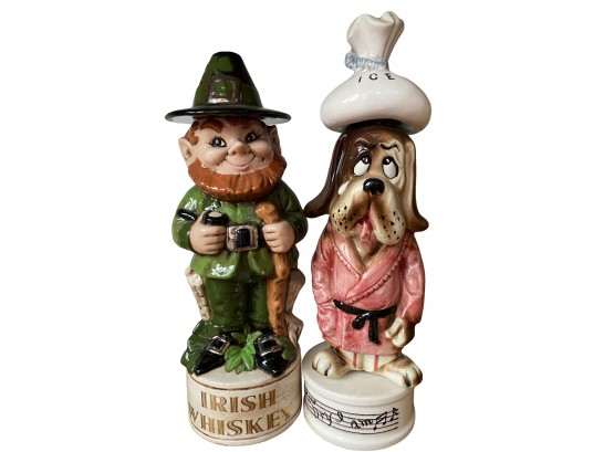 Great Pair Of Vintage Porcelain Novelty Decanters Including Irish Whiskey And Hound Dog Hangover Music Box
