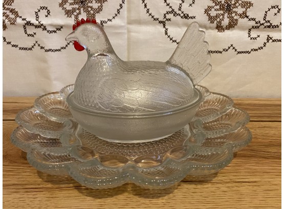 Lovely Glass Deviled Egg Plate With Lidded Rooster Dish With Red Painted Comb