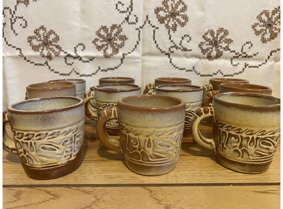 A Nice Grouping Of Frankoma Pottery Teacups In Mayan Aztec Pattern In Desert Gold Colorway