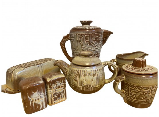 Frankoma Mayan Aztec Desert Gold Coffee & Teapot With Accessories Including Covered Butter Dish