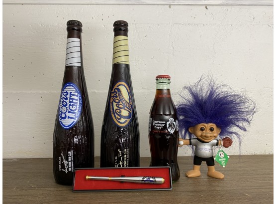 Vintage Coors Baseball Bat Limited Edition Beers, Cheyenne Frontier Days 1996 Cola, Rockies Troll And Pen