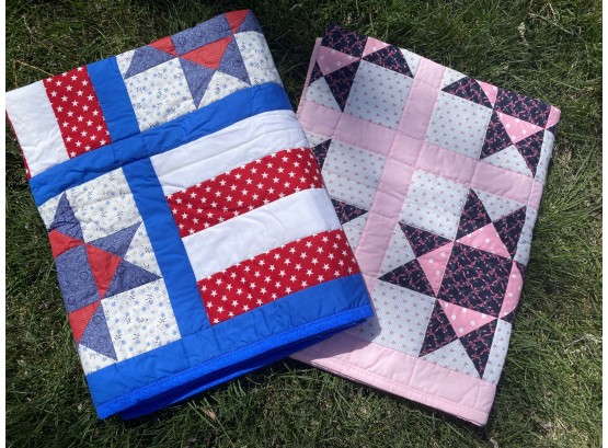 Two Machine Stitched Children's Pillow Quilts With Cotton/poly Front And Flannel Back