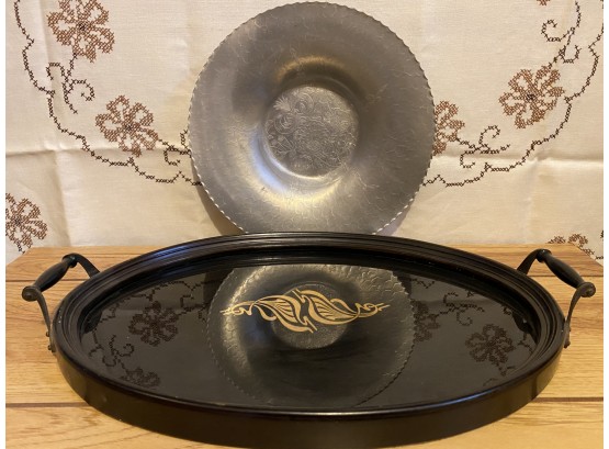 A Lovely Pair Of Two Serving Pieces Including Vintage Lacquered Serving Tray