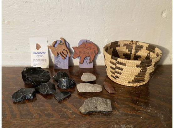 Handwoven Basket, Petrified Wood From Arizona, And Stones And Artifacts