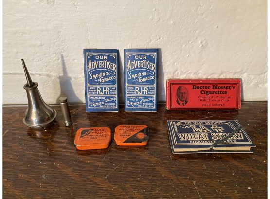 Collection Of Vintage Smokers Papers, Lighter Gas And Oil Can
