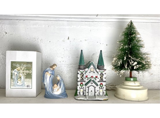 Christmas Decorations Including Light Up Church And Holy Family