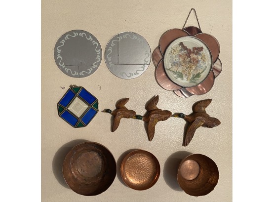 Lot Of Vintage Hammered Brass Bowls, Flying Ducks, Stained Glass And More
