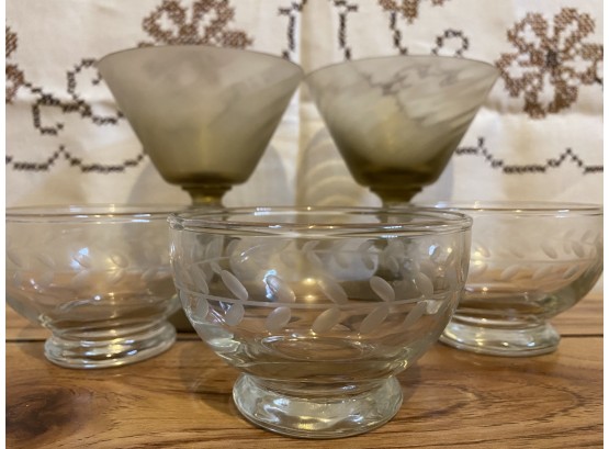 A Grouping Of Vintage Glassware Including Green Stemware And Clear Cut Glass Bowls