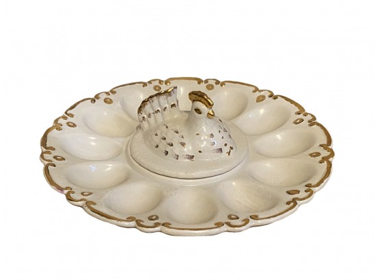 Beautiful Cream And Gold Deviled Egg Dish With Rooster Center