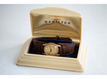Hamilton Gold Watch With Leather Band In Original Box!