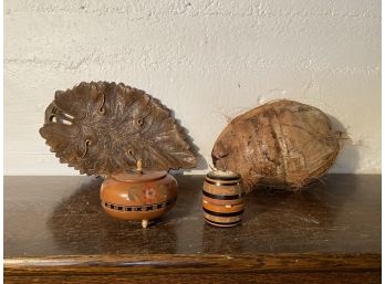 Coconut Leaf Platter And Small Wood Trinket Boxes