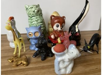 A Grouping Of Vintage Animal Figurines Including Glass Cartoon Black Cat