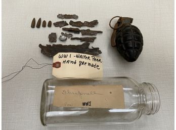 WWI Jar Of Shrapnel And Hand Grenade