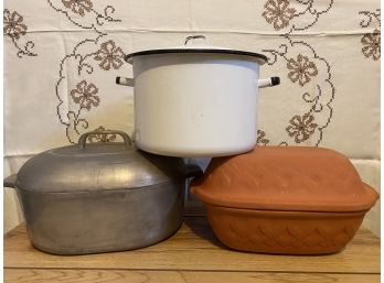 Three Vintage Kitchen Pots Including West German Clay Bake, Enameled Stockpot & Wagner Wear Covered Dish