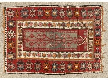 Gorgeous Antique Kilim Rug  Or Wall Hanging With Vibrant Reds Oranges Greens