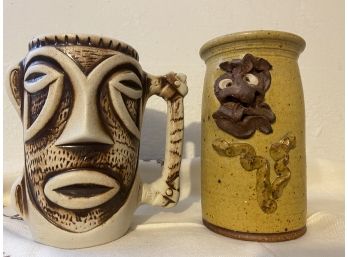 Two Vintage Novelty Tiki Mugs Including Welcome To Rio And Signed Earthenware Face Mug