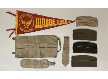 Collection Of Army Hats, Supply Waist Pouch And Moore Field Texas Air Forces Pennant