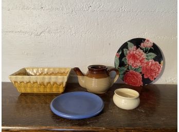 Small Grouping Of Vintage Ceramics And Fabric On Glass Plate