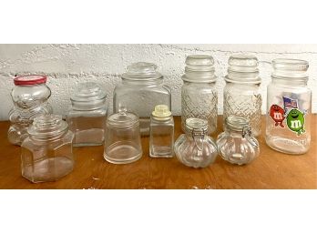 Large Collection Of Glass Jars With Lids Including Vintage M&M 1984  Olympics