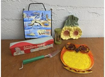 Assorted Vintage Kitchen Accessories Including Novelty Spaghetti Fork In Box, Sunflower Spoon Rest And More