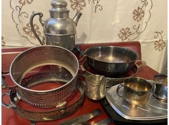 A Large Grouping Of Silver Toned Items Including Dish Holders, Trays, Bowls And Cutlery