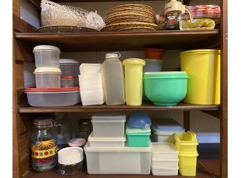 Have A Picnic! Huge Collection Of Vintage Tupperware, Sun Tea Container, Wicker Plate Holders & Tablecloths