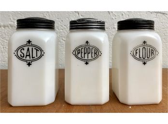 Antique Hazel Atlas Milk Glass Shakers Salt Pepper And Flour