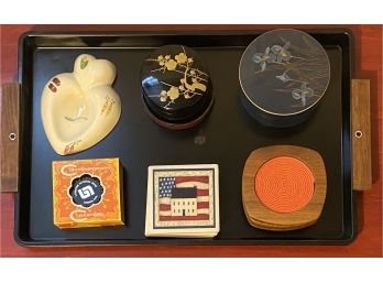 A Great Grouping Of Vintage Coasters On Wood Handled Tray