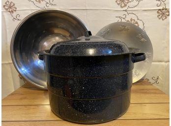 HUGE! Speckled Large Canning Or Crab Pot With Lid, Huge Stainless Steel Mixing Bowl And Large Grape Dish