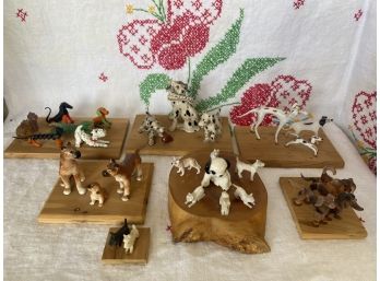 Huge Collection Of Wood Mounted Ultra Tiny Dog Miniatures Mostly Glass And Some Resin From Japan