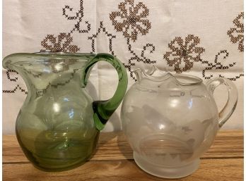 Two Beautiful Pitchers Including One With Etched Glass Birds