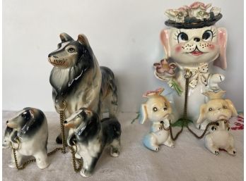 Lipper & Mann Vintage Pair Of  Dogs On Leash With Puppies Featuring Collie Dogs