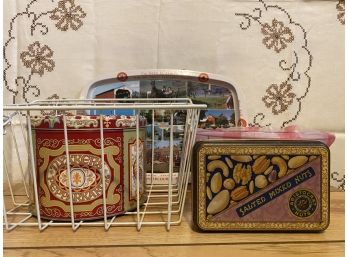 A Grouping Of Decorative Vintage Tins And Wire Basket