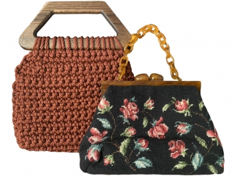 A Group Of Two Vintage Purses Including Needlepoint Tapestry Bag With Floral Detailing & Bakelite Handle