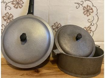 Pair Of Two VIntage Kinney Flavor Seal Hammered Pebble Aluminum Pots W/Lid Kinneyware