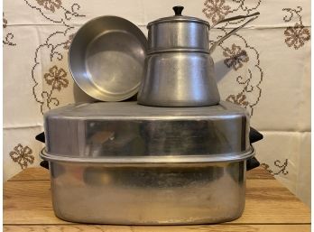 Pair Of Three Vintage Aluminum Pots Including Wear-ever Double Boiler And Huge Turkey Roaster
