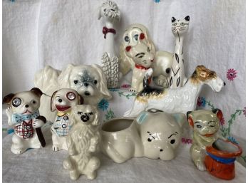 A Grouping Of Large Dog Porcelain Figurines Including Cats, Poodles & Pekingese Candy Dish