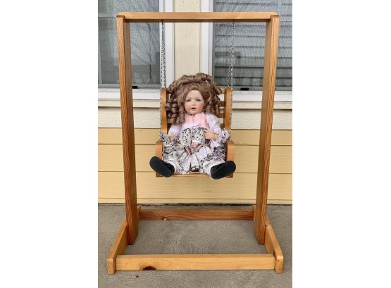 Vintage Wood Doll Swing With Doll