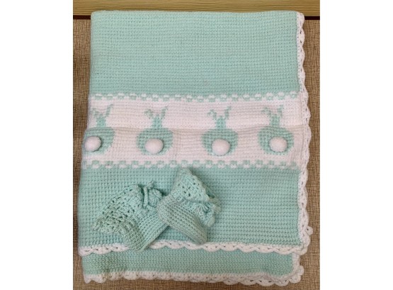 Baby Blanket Mint Green And White Handmade With Matching Booties