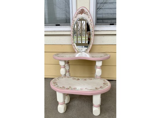 Hand Painted Children's - Doll Wood Vanity With Stool