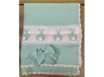 Baby Blanket Mint Green And White Handmade With Matching Booties
