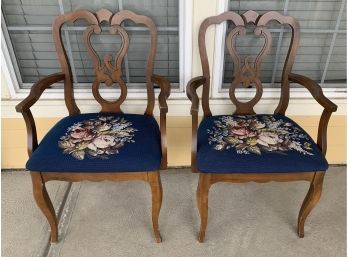 2 Blue Needle Point Dining Chairs