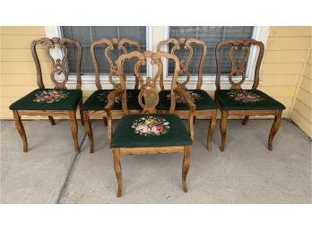 Lot Of 5 Green & Floral Needle Point Dining Chairs