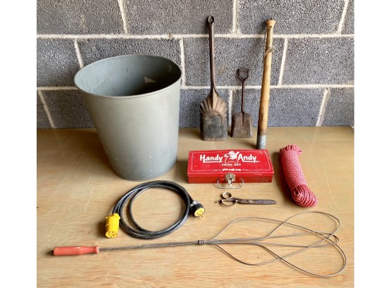 Vintage Handy Andy Tool Set Box And Govt Issue Garbage Pail And More!