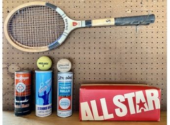 Collection Of Vintage Tennis Balls Racket And 1975 Converse Shoe Box