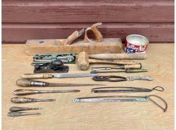 Grouping Of Antique Planers Homemade Saws  Files And More