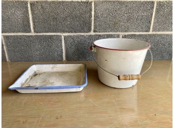 Two Antique Enamelware Bucket And Drip Tray