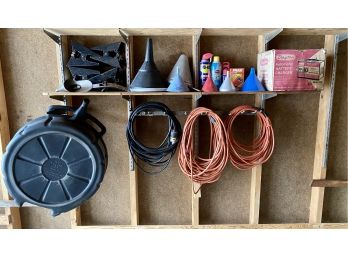Large Lot Of Extension Cords Funnels And More